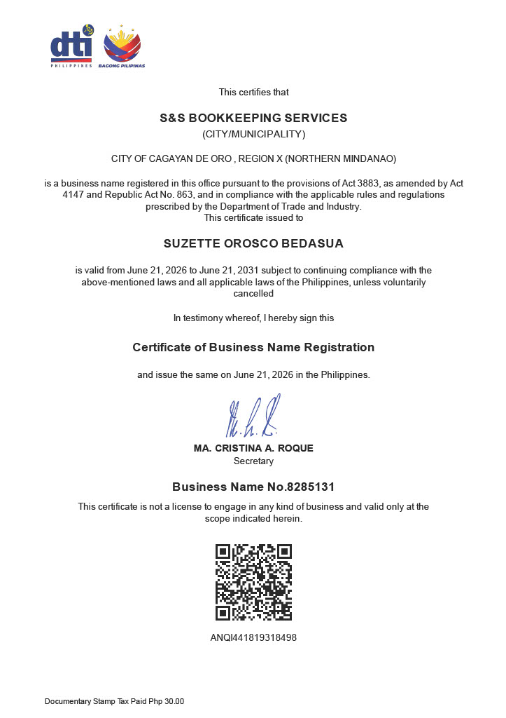 DTI Certificate of Business Name Registration for S&S Bookkeeping Services